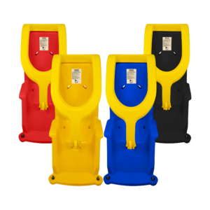An image showing all available colors for the ADA swing seat: red, yellow, blue, and black.
