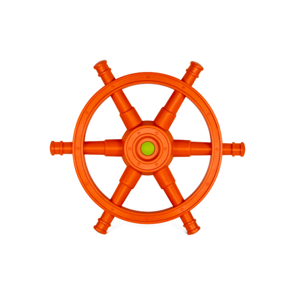 An image showing a nautical steering wheel in orange and green.
